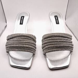 Nine West Harbor Women Sandals 6.5 M Silver Leather Slip-On Kitten Heel Sparkle